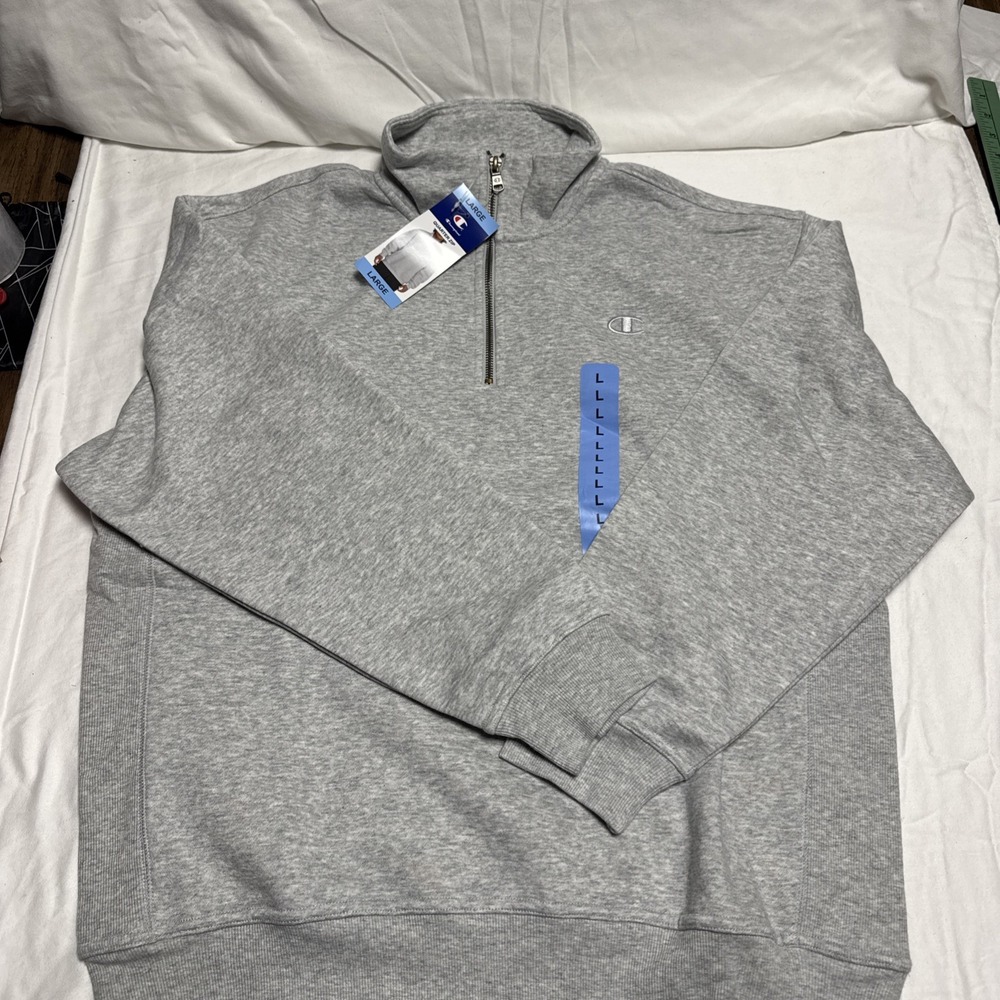 NWT MENS Large Champion Logo 1/4 Zip Light Grey Pullover Sweatshirt